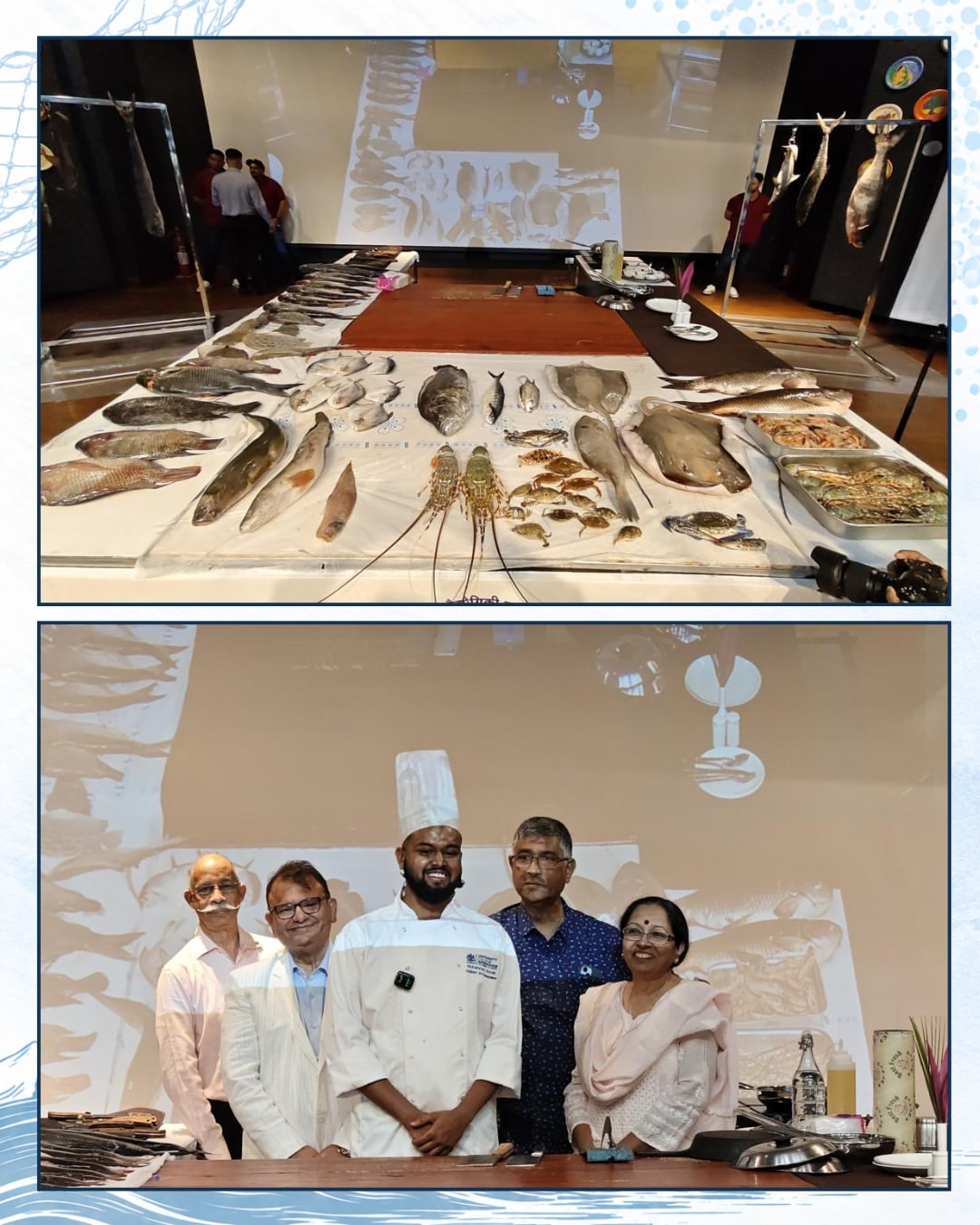 Full seafood display table and a group photo with hospitality professionals at the IHM Bhopal seafood workshop