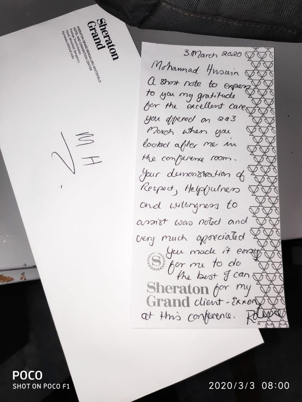 Appreciation Letter presented by Ms. Rolene to Chef Mohammad Husain