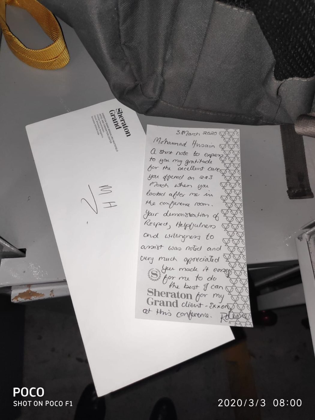 Appreciation Letter from Ms. Rolene, Sheraton Grand Bengaluru