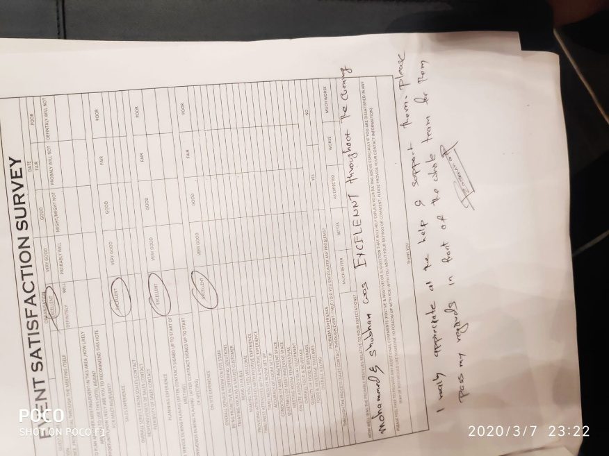 Event Satisfaction Survey from Chef Mohammad Husain's supervised event