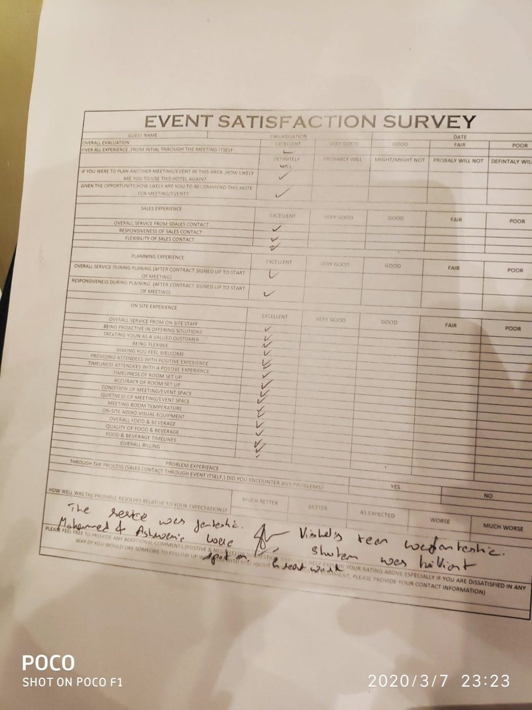 Event Satisfaction Survey feedback, Sheraton Grand Bengaluru