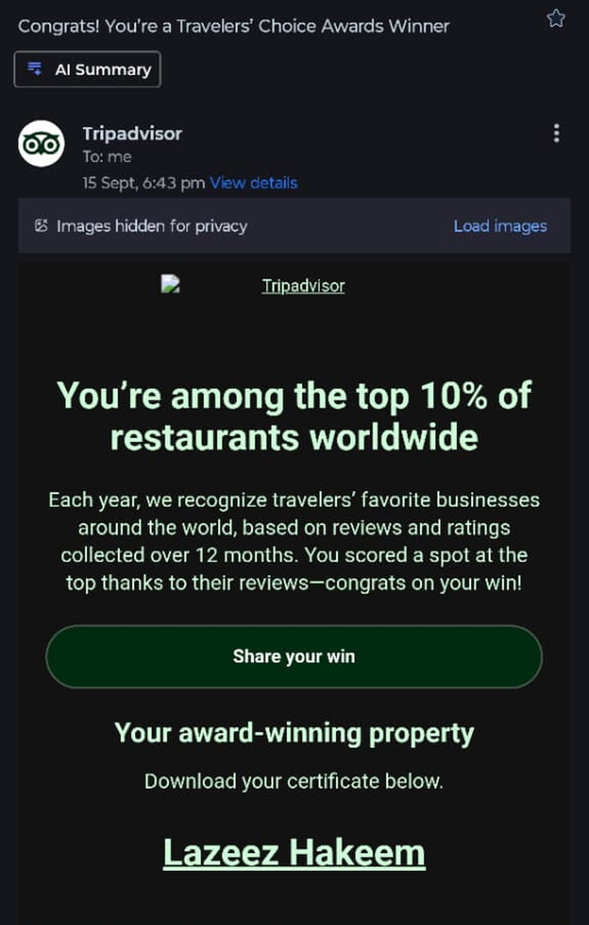 Tripadvisor Travellers’ Choice Awards winner notification email received by Lazeez Hakeem, confirming a place in the top 10% of restaurants worldwide