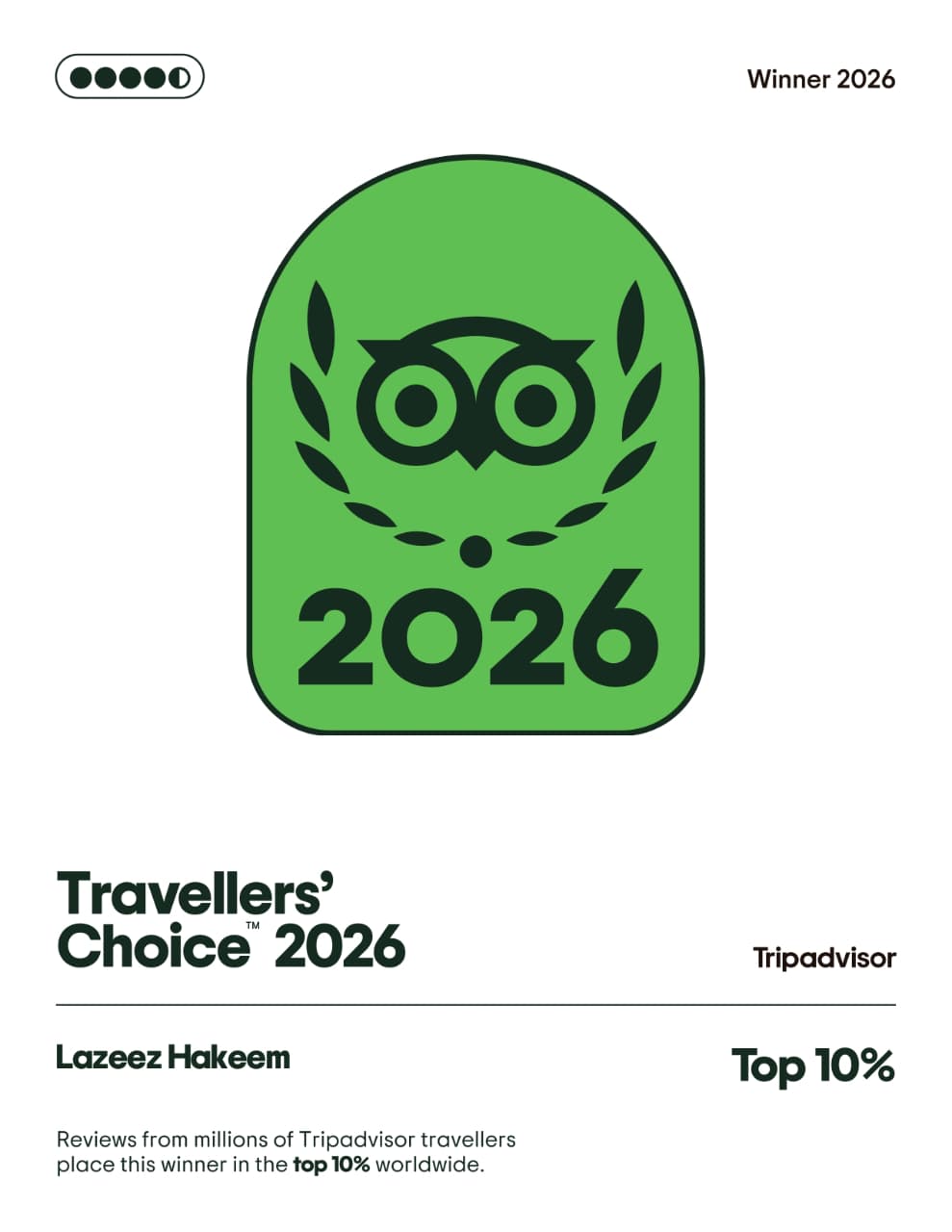 Lazeez Hakeem Tripadvisor award 2026 Top 10%
